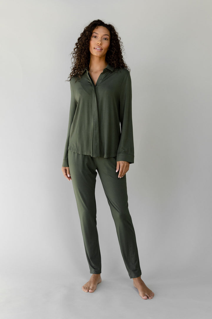 Women's Bamboo Stretch-Knit Collared Long Sleeve Button Down - Last Chance