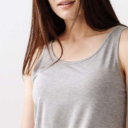 Close up of a woman in a grey Cozy Earth Stretch Knit Tank |Color:Grey